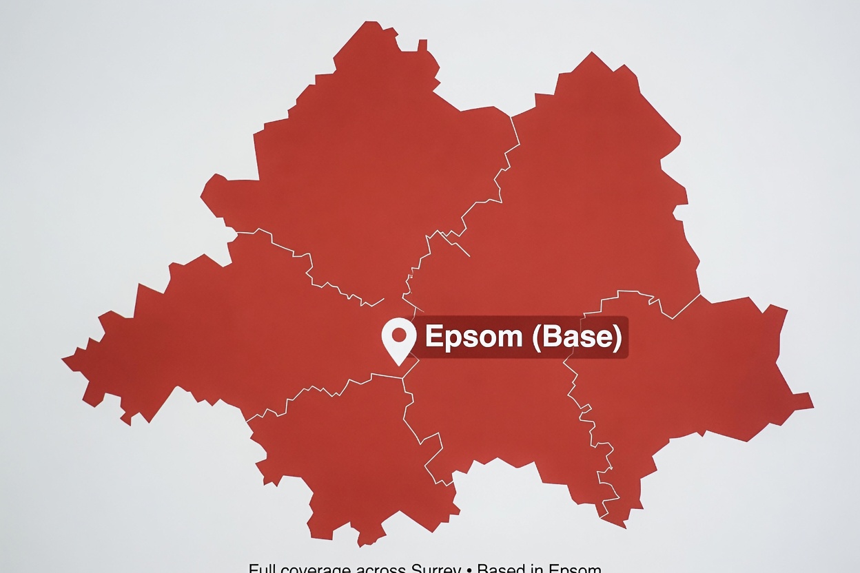 Map showing BAT Security Systems coverage across Surrey, based in Epsom