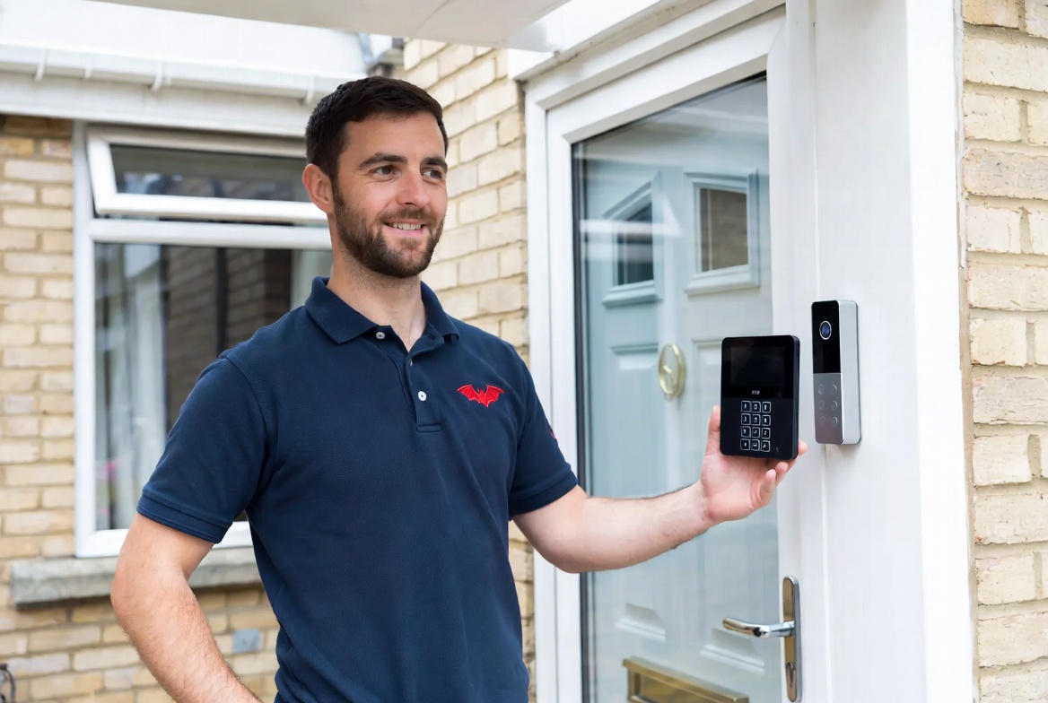 BAT Security engineer with door entry keypad and video doorbell