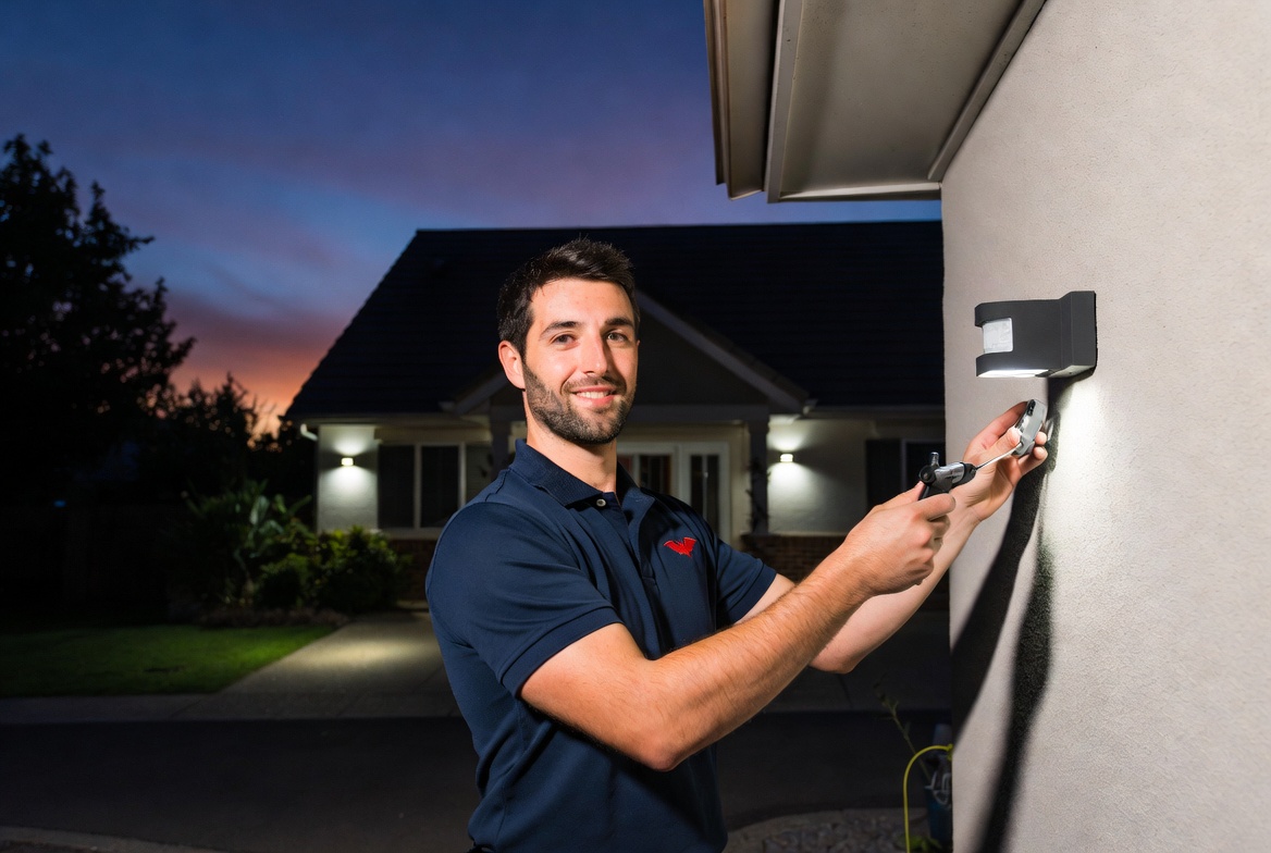 BAT Security engineer installing outdoor security lighting